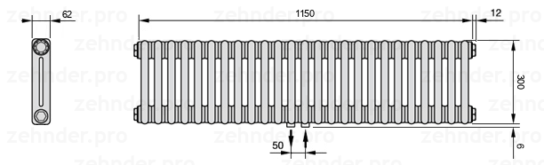 Схема (чертеж) Радиатор Zehnder Charleston 2030/25 №5410 Белый глянцевый RAL 9016